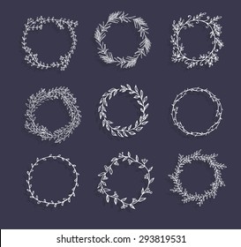 The set of hand drawn vector circular decorative elements for your design. Leaves, swirls, floral elements. Elegant collection for wedding invitations, love and valentine's day greeting cards.