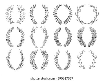 The set of hand drawn vector circular decorative elements for your design. Leaves, swirls, floral elements. For print and web design. Can be used for logo.