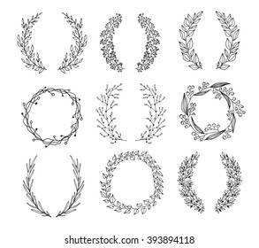 The set of hand drawn vector circular decorative elements for your design. Leaves, swirls, floral elements. For print and web design. Can be used for logo.