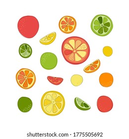 Set of hand drawn vector citrus fruits, lemon, orange, lime, pomelo and grapefruit light background. The sketch is illustrated. Isolated whole fruits and slices. Hand drawing and flat.