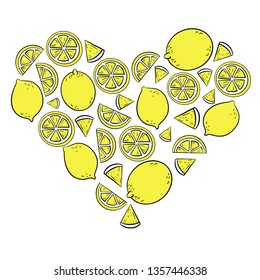 Set of hand drawn vector citruses in shape of heart. Yellow lemons and lemon slices on white background. Perfect for card or poster. Romantic banner.