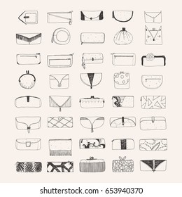 Set of hand drawn vector clutches and purses isolated on beige background. Decorated handbags with different shapes and decoration method. Sketch hand made illustration for shops and boutiques