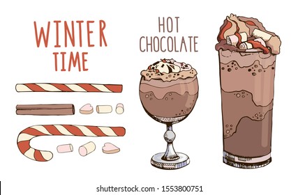 Set of hand drawn vector cocktails isolated on white. Hot chocolate with Christmas candy cane cinnamon and marshmallow. Clip art for winter holiday decorations. Winter time. New Year celebration