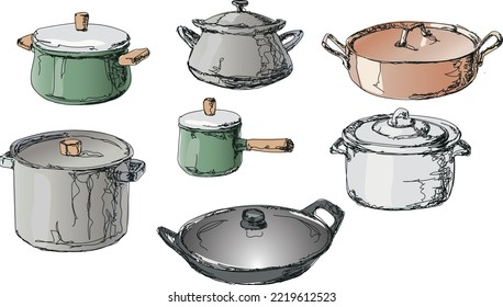 set of hand drawn vector colored pans