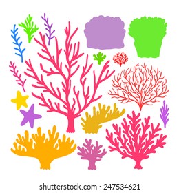 Set hand drawn vector colorful underwater coral reef design elements for your sea art 