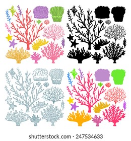Set hand drawn vector colorful underwater coral reef design elements for your sea art 