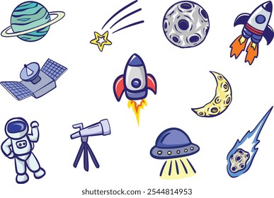 Set Hand drawn Vector Colorful Outer Space Element with outline. Doodle space, planets, moon, telescope, cosmic rocket, spacecrafts, asteroid, ufo, star, Rocket, astronaut, spacecraft satellite.