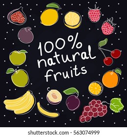 Set of hand drawn vector colorful fruits and berries on black background. Cherry,apple, raspberry, orange, banana, grape, plum, lemon, fig