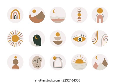 Set of hand drawn vector covers. Abstract backgrounds of mid century social media. Round icons for boho style stories. Sun and moon, arch and rainbow, eye and mountains.