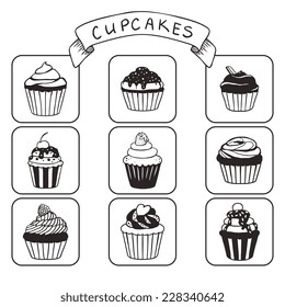 Set of hand drawn vector cupcakes
