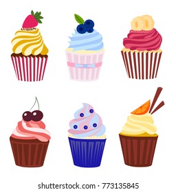 Set of hand drawn vector cupcakes illustration. Colorful cupcakes with fruits, cream and berries.