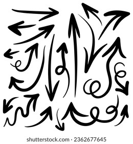 Set of hand drawn vector curved arrows and arrows with twisted tails. Doodle style sketch. Collection of pointers. Arrows vector icons. Sketch arrow design for business plan and education.