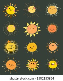 Set of hand drawn vector cute sun icons for summer design.