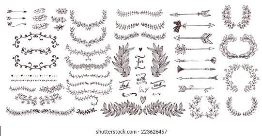 The set of hand drawn vector decorative elements for your design. Leaves, swirls, floral elements, circular frames, borders, dividers.