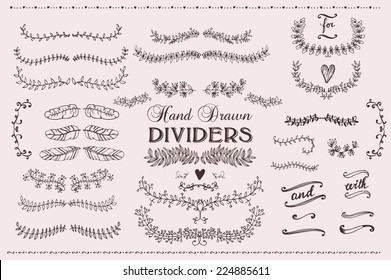 The set of hand drawn vector decorative elements for your design. Leaves, swirls, floral elements, circular frames, borders, dividers.