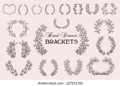 The set of hand drawn vector decorative elements for your design. Leaves, swirls, floral elements, circular frames, borders.