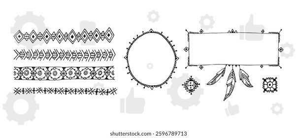 The set of hand drawn vector decorative elements for your design. Leaves, swirls, floral elements, circular frames, borders, dividers.