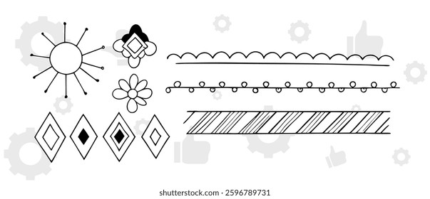 The set of hand drawn vector decorative elements for your design. Leaves, swirls, floral elements, circular frames, borders, dividers.