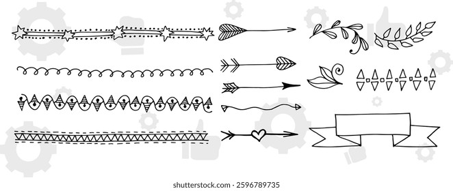 The set of hand drawn vector decorative elements for your design. Leaves, swirls, floral elements, circular frames, borders, dividers.