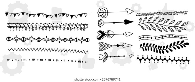 The set of hand drawn vector decorative elements for your design. Leaves, swirls, floral elements, circular frames, borders, dividers.