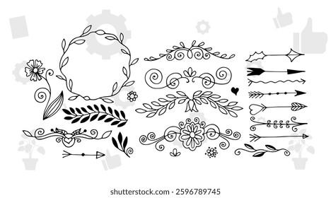 The set of hand drawn vector decorative elements for your design. Leaves, swirls, floral elements, circular frames, borders, dividers.