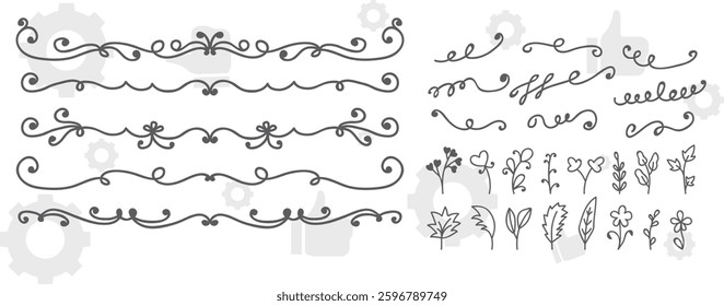 The set of hand drawn vector decorative elements for your design. Leaves, swirls, floral elements, circular frames, borders, dividers.
