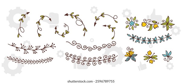 The set of hand drawn vector decorative elements for your design. Leaves, swirls, floral elements, circular frames, borders, dividers.