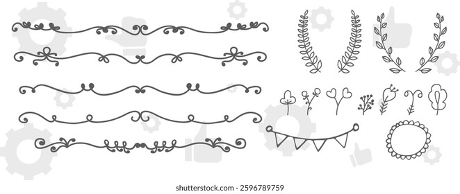 The set of hand drawn vector decorative elements for your design. Leaves, swirls, floral elements, circular frames, borders, dividers.