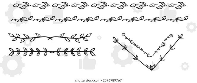 The set of hand drawn vector decorative elements for your design. Leaves, swirls, floral elements, circular frames, borders, dividers.