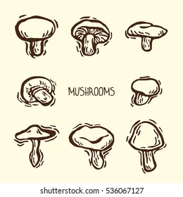 Set of hand drawn vector decorative mushrooms