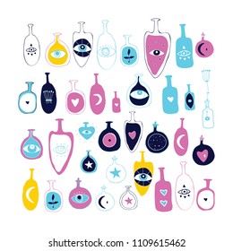 Set of hand drawn vector design elements magical esoteric mystic jar bottle set with hearts third eye starts moon sun herbs plants Spiritual signs symbols isolated on white background