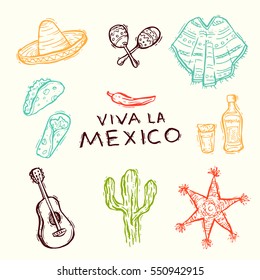 Set Of Hand Drawn Vector Design Elements Viva La Mexico