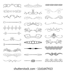 Set of hand drawn vector dividers, lines, borders and laurels. Vector isolated elements.