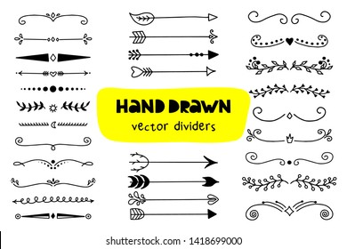 Set of hand drawn vector dividers on a white background. Doodle design elements (line, border, arrow).