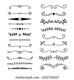 Set of hand drawn vector dividers on a white background. Doodle design elements (line, border).