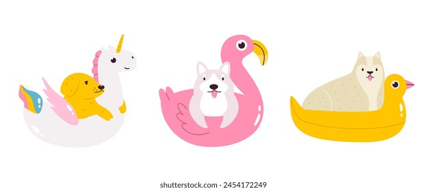 Conjunto de perros de Vector dibujados a mano nadando con unicornio inflable, flamenco y pato. Retratos de personajes divertidos de mascotas aislados en fondo blanco