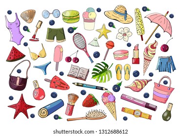 Set of hand drawn vector doodle  summer elements  isolated on white background