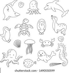 set hand drawn vector doodle design sea animals