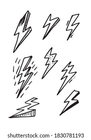 Set Of Hand Drawn Vector Doodle Electric Lightning Bolt Symbol Sketch Illustrations. Thunder Symbol Doodle Icon .