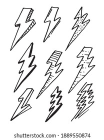 Set Of Hand Drawn Vector Doodle Electric Lightning Bolt Symbol Sketch Illustrations. Thunder Symbol Doodle Icon.