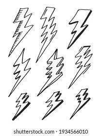 Set Of Hand Drawn Vector Doodle Electric Lightning Bolt Symbol Sketch Illustrations. Thunder Symbol Doodle Icon .