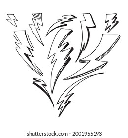 set of hand drawn vector doodle electric lightning bolt symbol sketch illustrations. thunder symbol doodle icon .