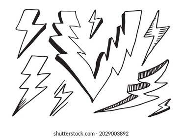 set of hand drawn vector doodle electric lightning bolt symbol sketch illustrations. thunder symbol doodle icon .