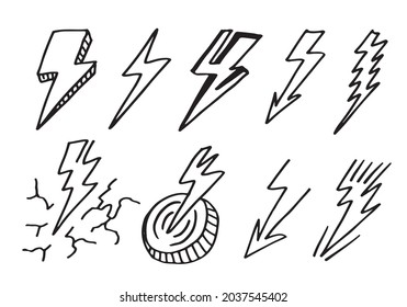 set of hand drawn vector doodle electric lightning bolt symbol sketch illustrations. thunder symbol doodle icon .