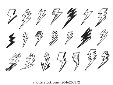 set of hand drawn vector doodle electric lightning bolt symbol sketch illustrations. thunder symbol doodle icon.