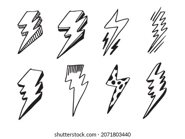 set of hand drawn vector doodle electric lightning bolt symbol sketch illustrations. thunder symbol doodle icon.