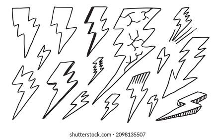 set of hand drawn vector doodle electric lightning bolt symbol sketch illustrations. thunder symbol doodle icon.