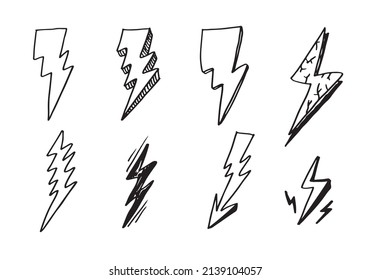 Set Of Hand Drawn Vector Doodle Electric Lightning Bolt Symbol Sketch Illustrations. Thunder Symbol Doodle Icon.