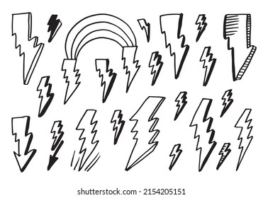 set of hand drawn vector doodle electric lightning bolt symbol sketch illustrations. thunder symbol doodle icon.