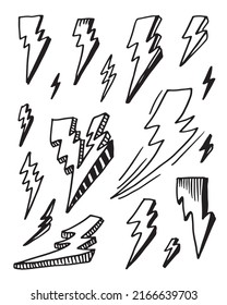 set of hand drawn vector doodle electric lightning bolt symbol sketch illustrations. thunder symbol doodle icon.